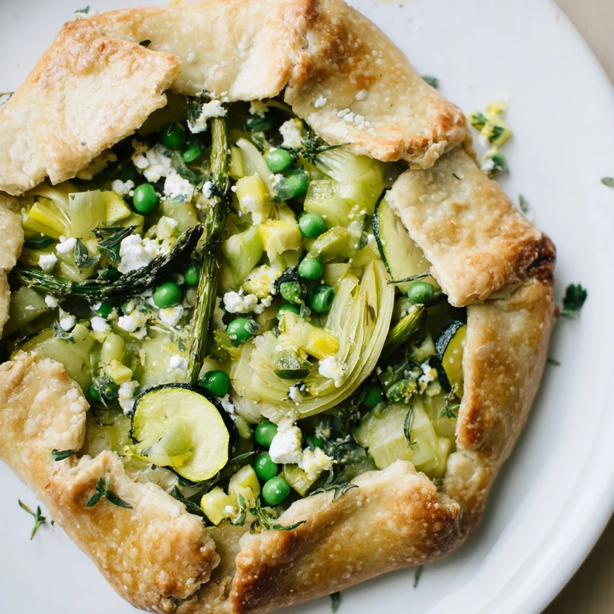 A golden-brown Spring Vegetable Galette with goat cheese, showcasing tender asparagus, zucchini, and peas on a rustic pastry.
