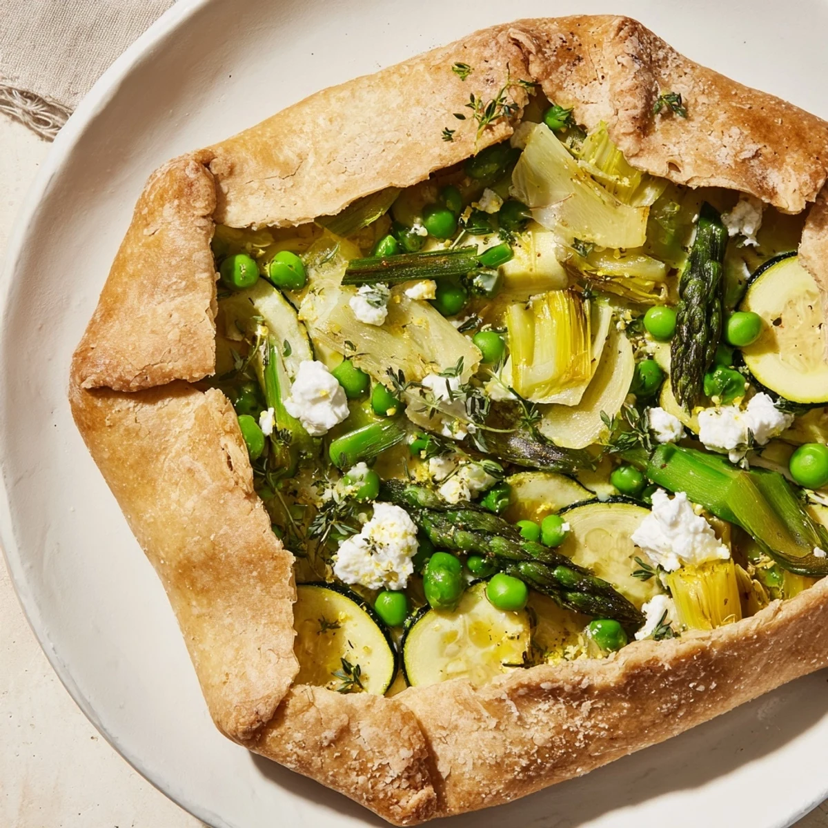 Sliced piece of Spring Vegetable Galette on a plate, revealing creamy goat cheese and lemon zest inside the flaky crust.