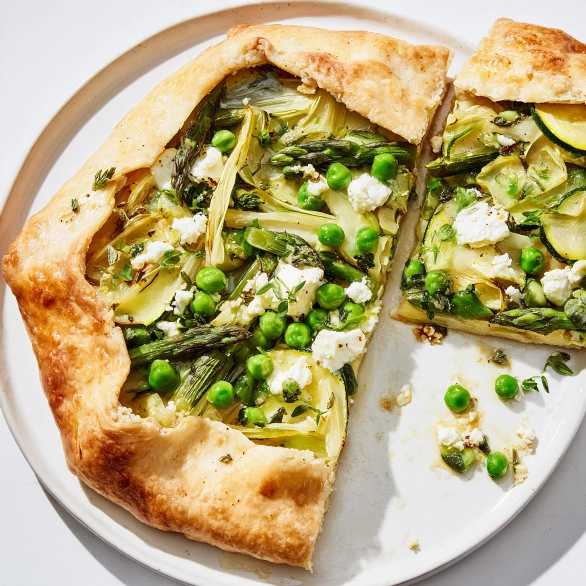 Spring Vegetable Galette with fresh herbs garnish, a vegetarian French-inspired dish served warm for brunch or a light dinner.