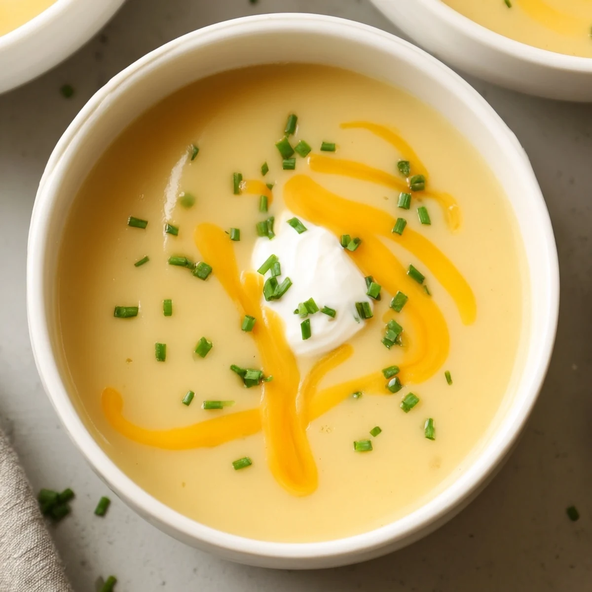 Creamy Potato Soup with Chives and Cheese steaming in a rustic bowl with melted cheddar and fresh chive garnish.