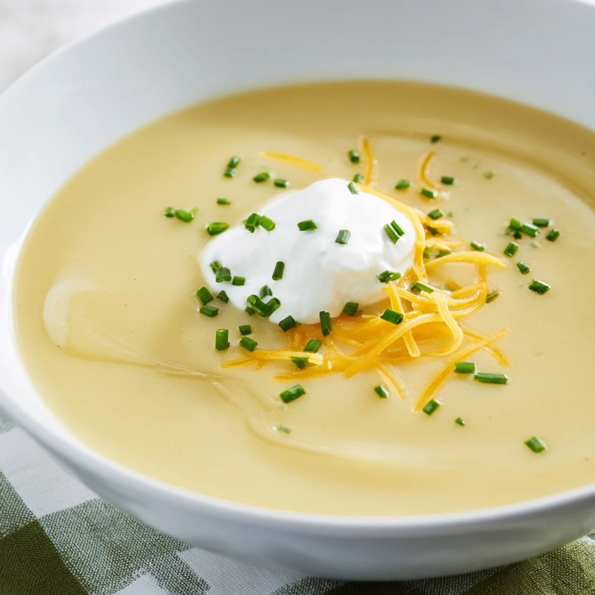 Comforting bowl of Creamy Potato Soup with Chives and Cheese paired with crusty bread on a farmhouse table.
