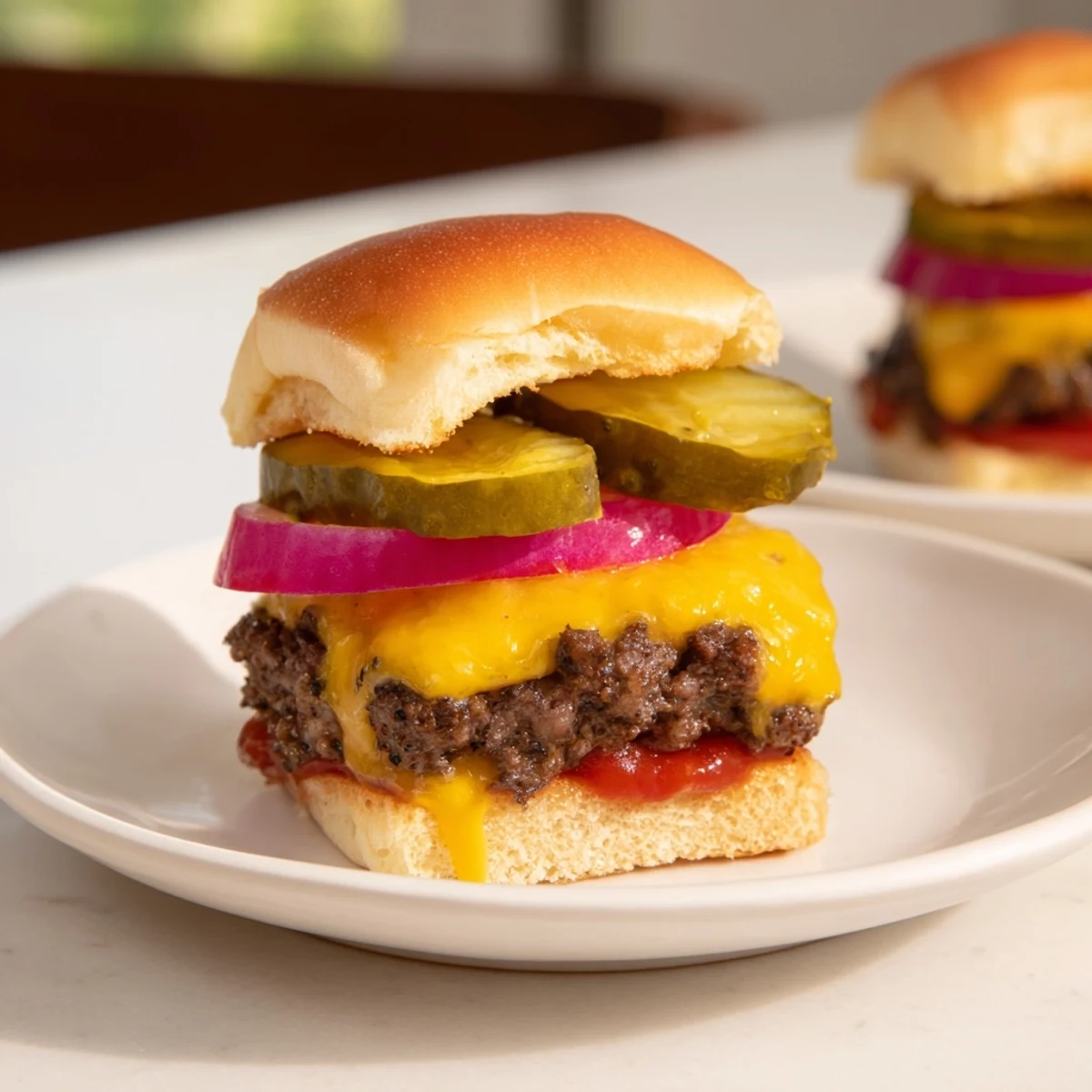 Stacked Beef Sliders with Cheese and Pickles on a wooden board with melted cheddar dripping.