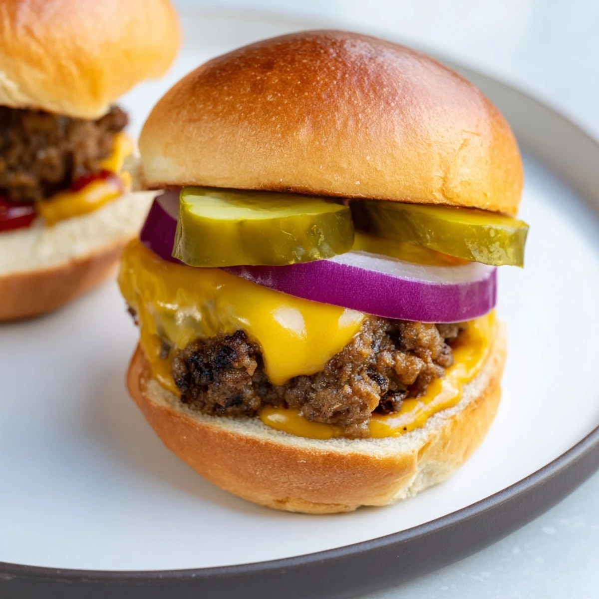 Beef Sliders with Cheese and Pickles on parchment with mustard and ketchup, ready for a party.