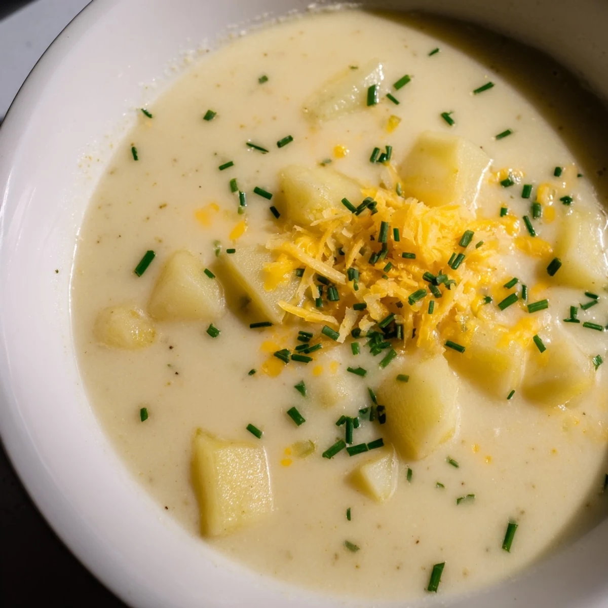 A comforting bowl of Creamy Potato Soup with Chives and Cheese served warm, topped with extra grated cheddar and fresh herbs.