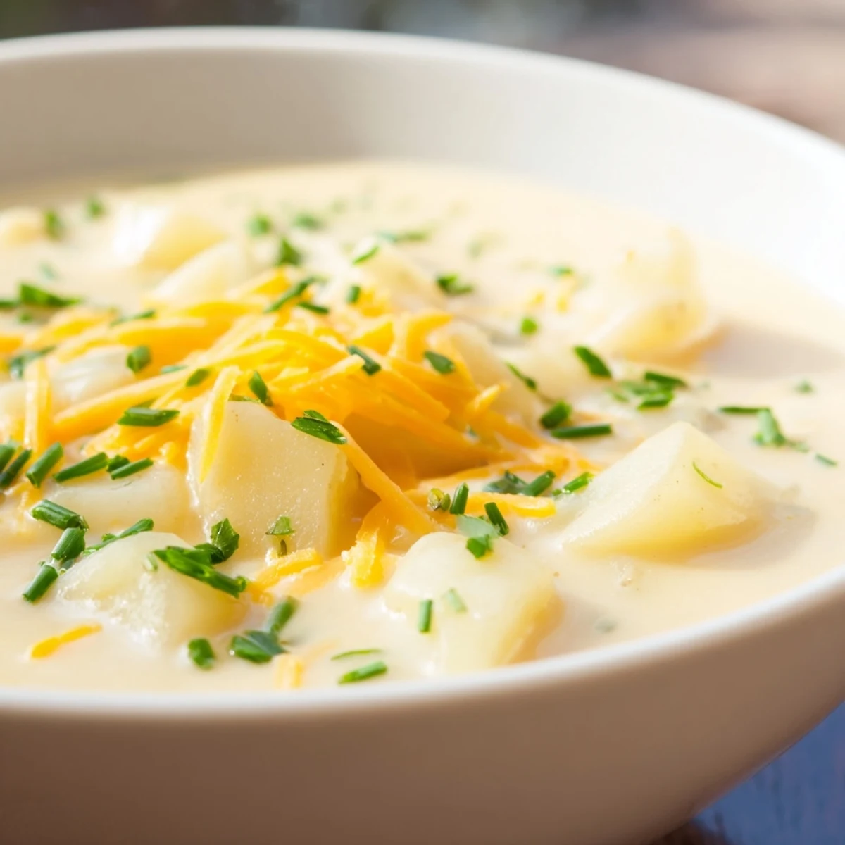 A spoon dips into rich Creamy Potato Soup with Chives and Cheese, revealing a velvety smooth texture and vibrant green chive garnish.