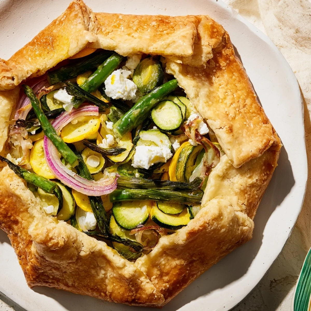 Golden crust of Spring Vegetable Galette with crumbled goat cheese and colorful zucchini and squash slices.