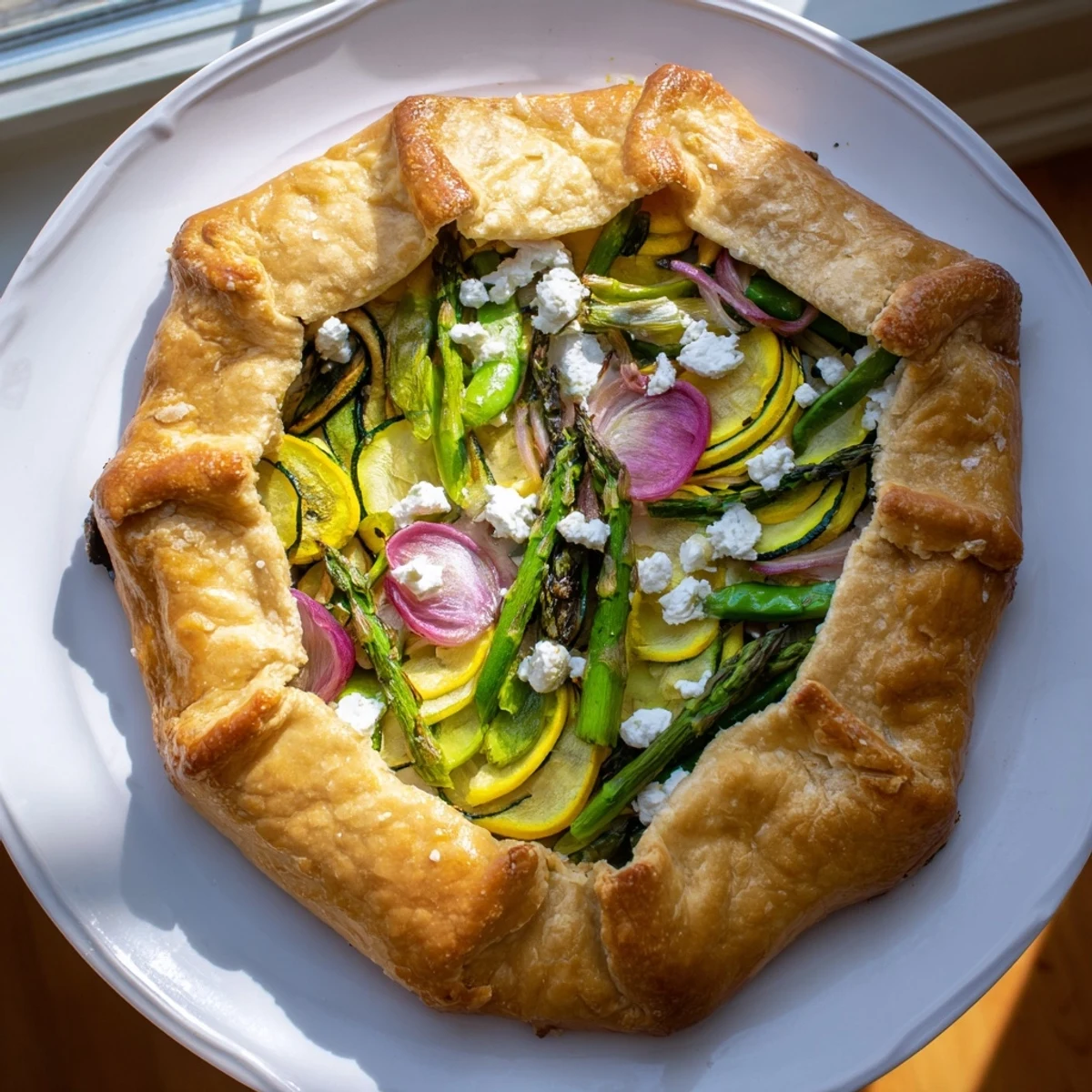 Freshly baked Spring Vegetable Galette with goat cheese and vibrant asparagus on a rustic wooden board.