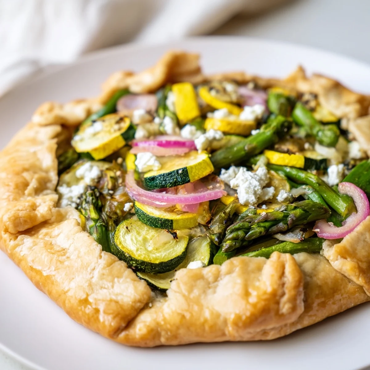 Slice of warm Spring Vegetable Galette showing tender spring vegetables and creamy goat cheese filling inside.