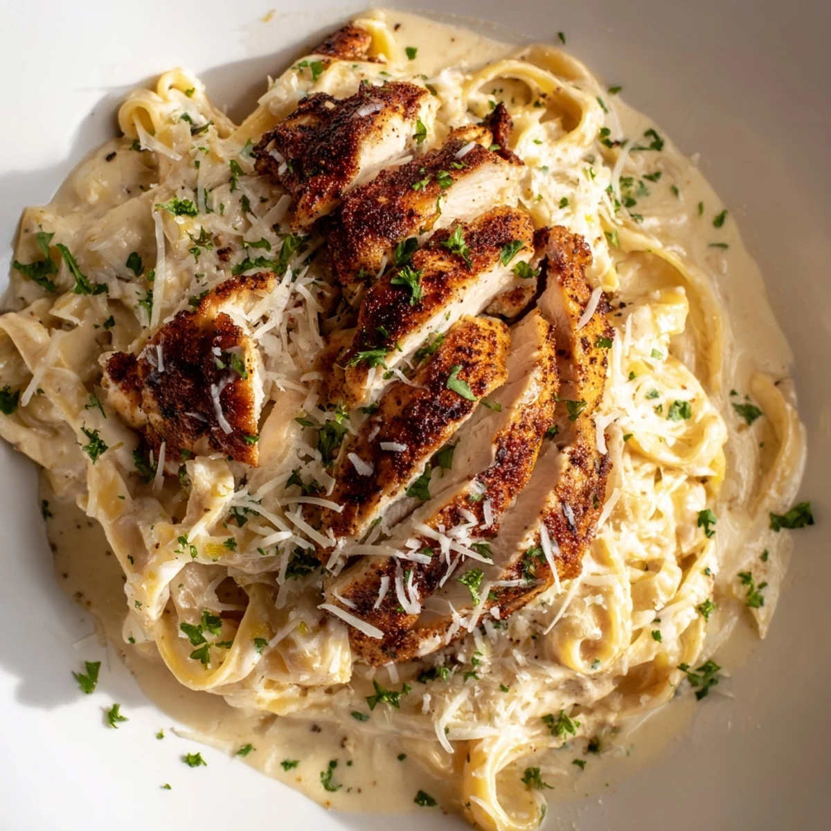 Cajun Blackened Chicken Alfredo Pasta served in a white bowl with creamy sauce glistening under warm kitchen lights. 