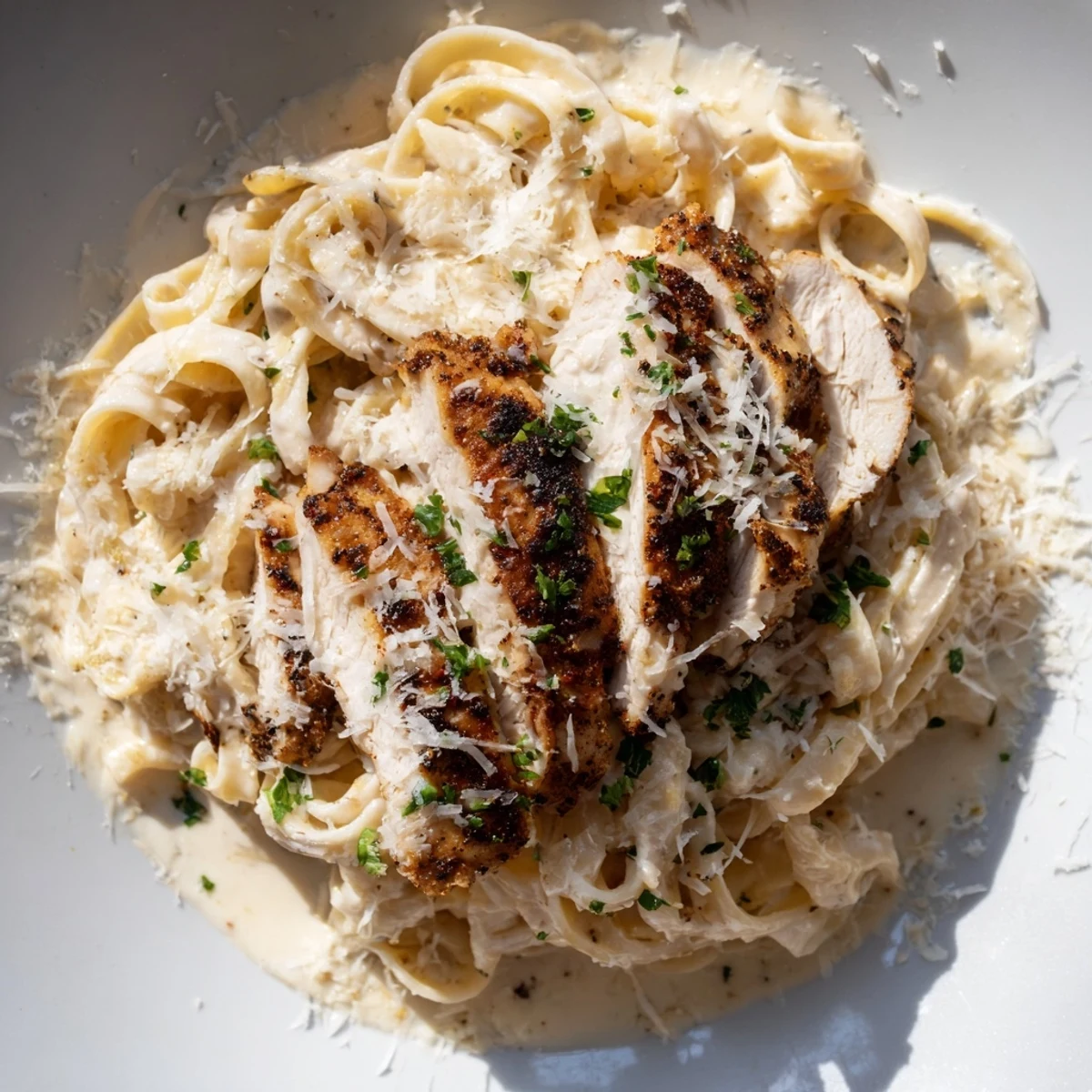 A steaming plate of Cajun Blackened Chicken Alfredo Pasta with a side salad and glass of white wine.