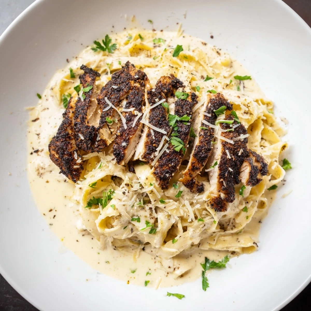 A close-up of sliced blackened chicken breast resting atop a bed of fettuccine and parsley garnish. 