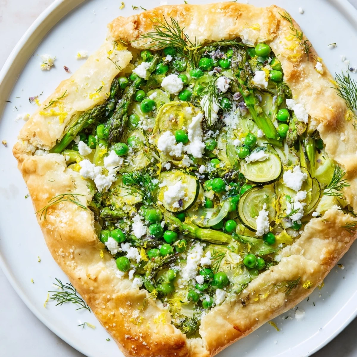 Golden Spring Vegetable Galette with Goat Cheese on a rustic wooden board, showcasing a flaky crust and vibrant asparagus, peas, and zucchini slices for a savory brunch dish.