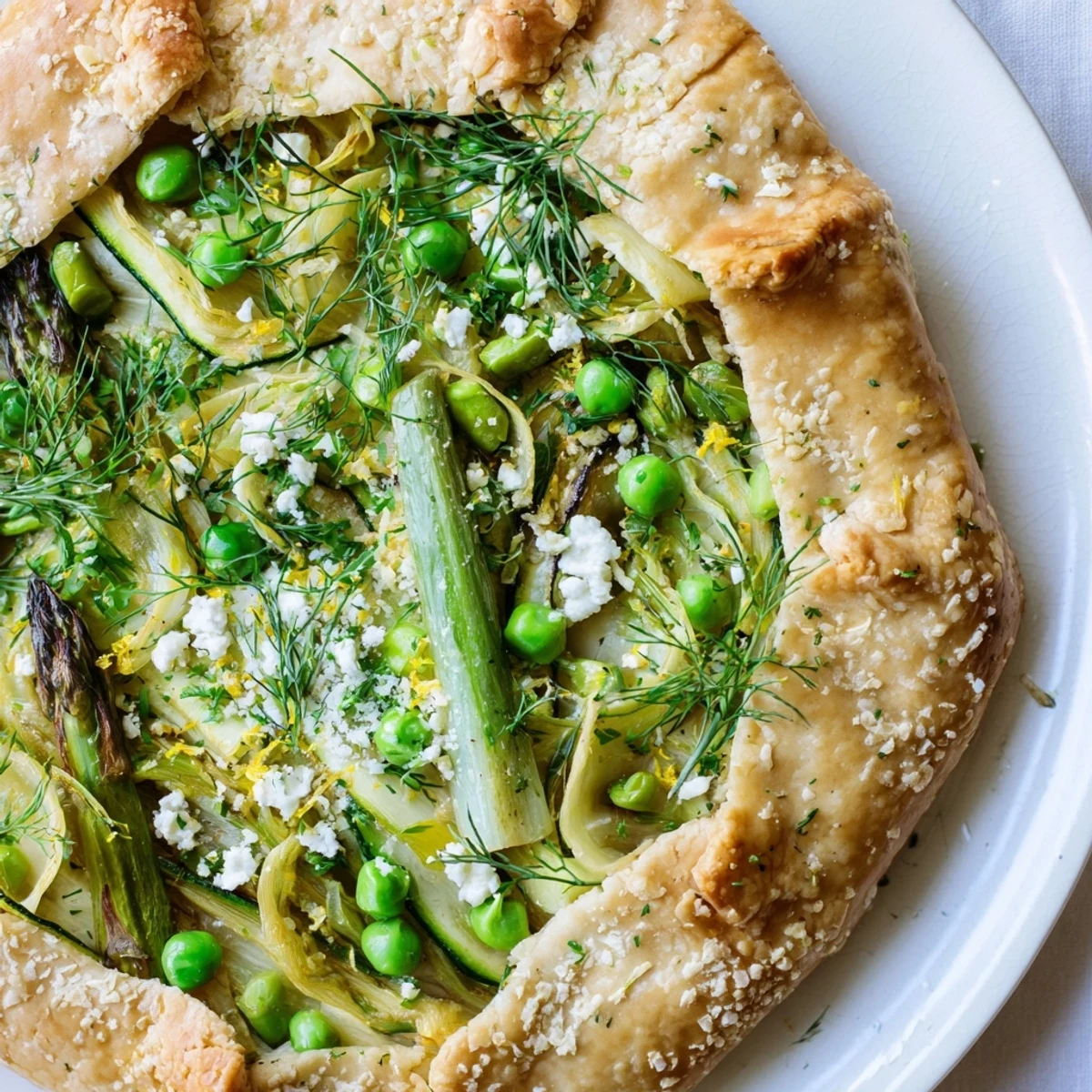 A close-up of a warm Spring Vegetable Galette with Goat Cheese, featuring a crumbly herbed topping and melted parmesan, served fresh from the oven on a ceramic plate.
