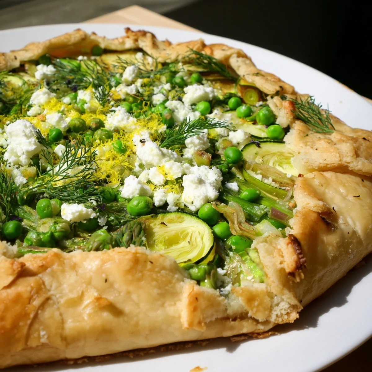 Sliced wedge of Spring Vegetable Galette with Goat Cheese revealing tender leeks and creamy filling, paired with a glass of white wine for a light vegetarian dinner.