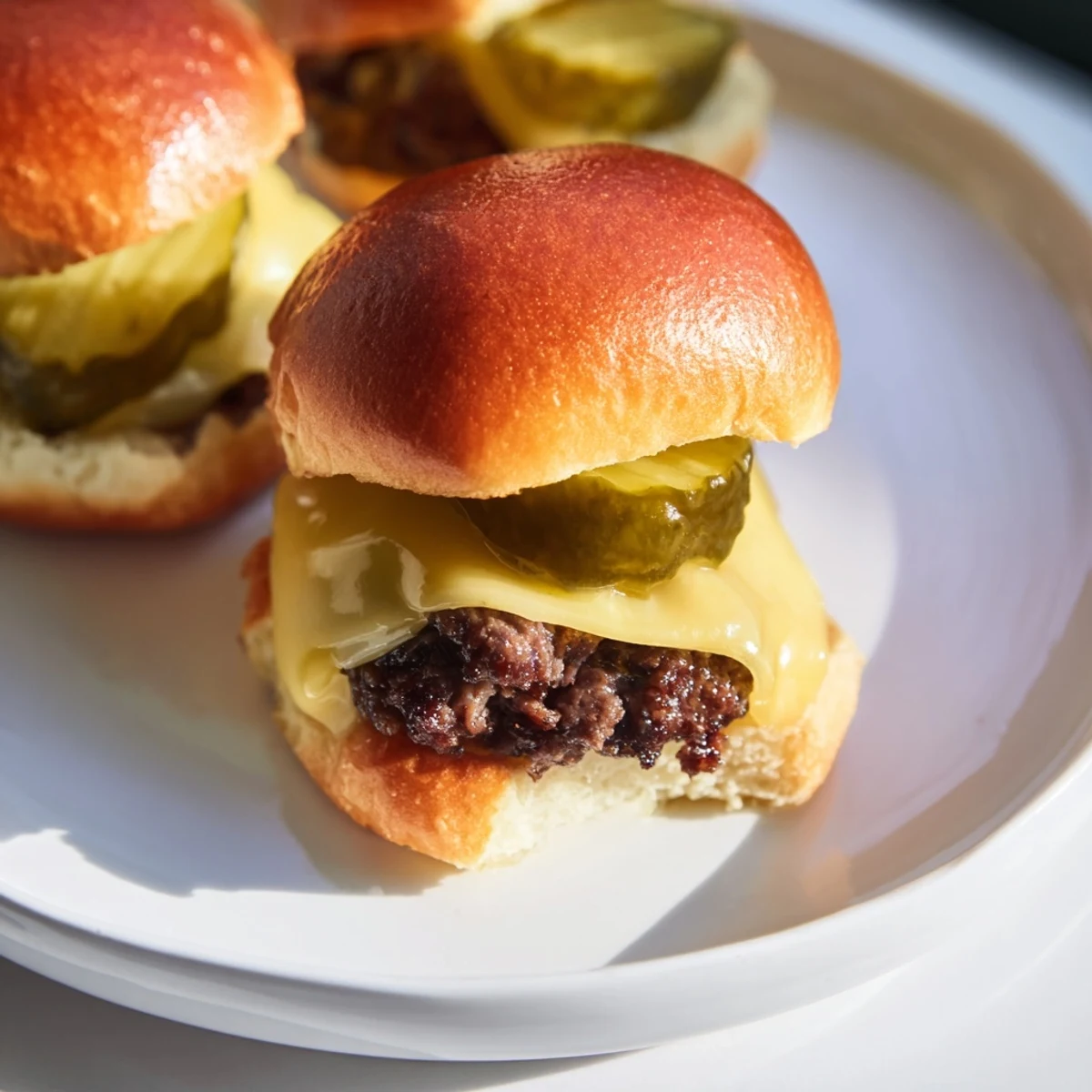 Freshly assembled Beef Sliders with Cheese and Pickles topped with tangy dill slices and optional red onion rings.