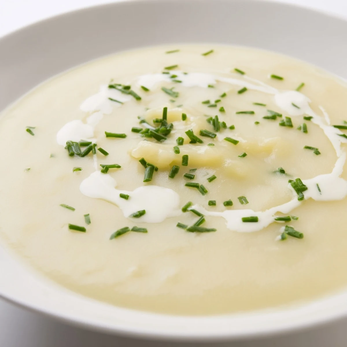 A steaming bowl of creamy potato soup with chives topped with extra cream drizzle.