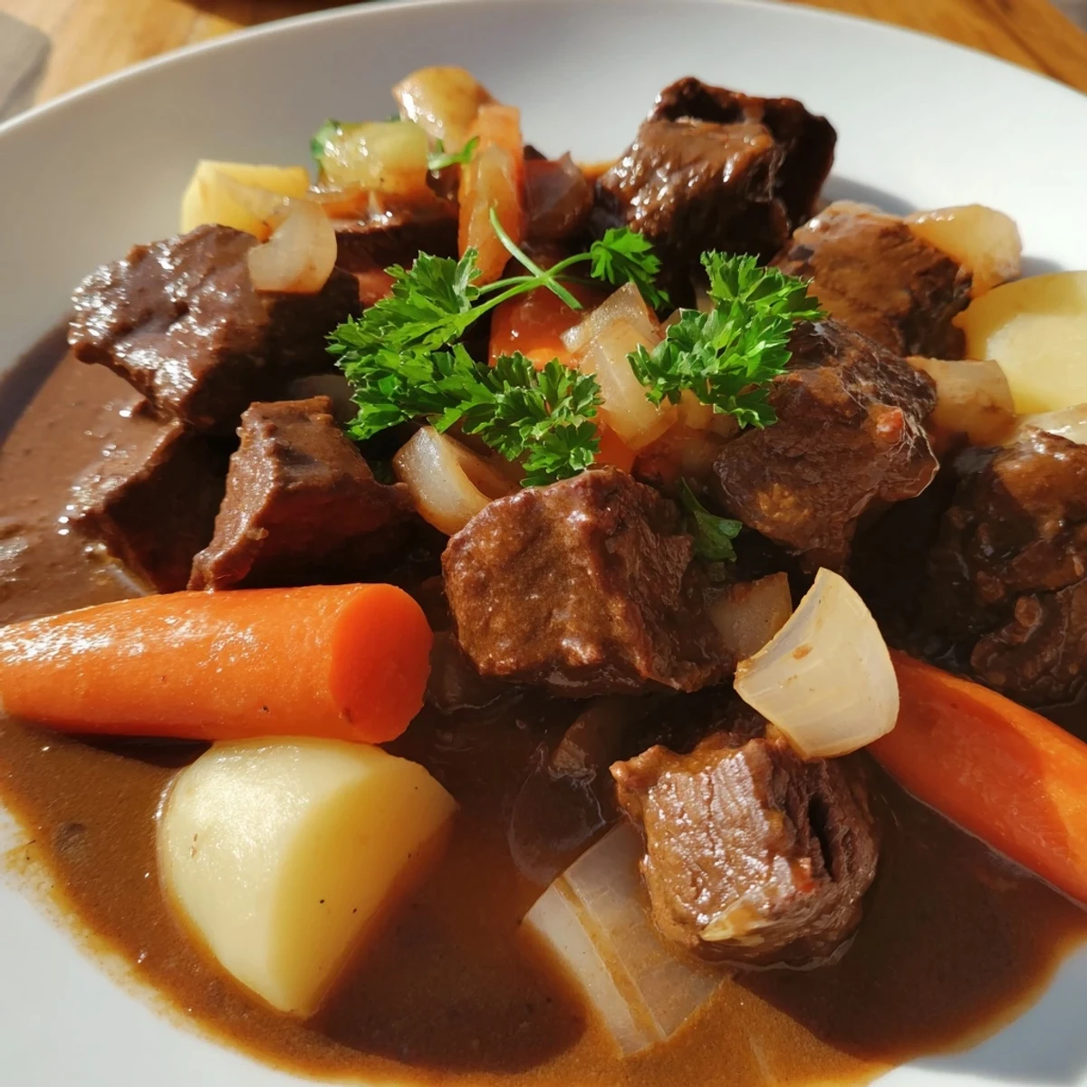 Simmering Irish Beef and Vegetable Stew in a Dutch oven, with tender beef chunks and hearty root vegetables.