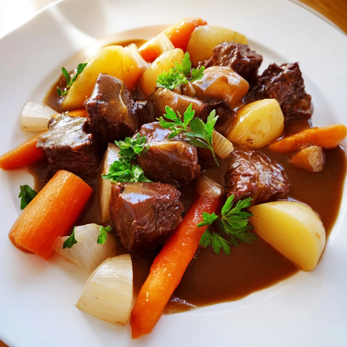 Rich, steaming Irish Beef and Vegetable Stew features colorful carrots, potatoes, and savory herbs in a thick, comforting broth.