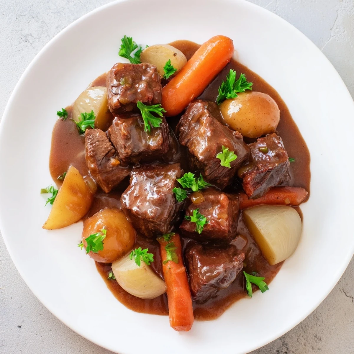 A cozy bowl of Irish Beef and Vegetable Stew, garnished with fresh parsley and served beside crusty Irish soda bread.