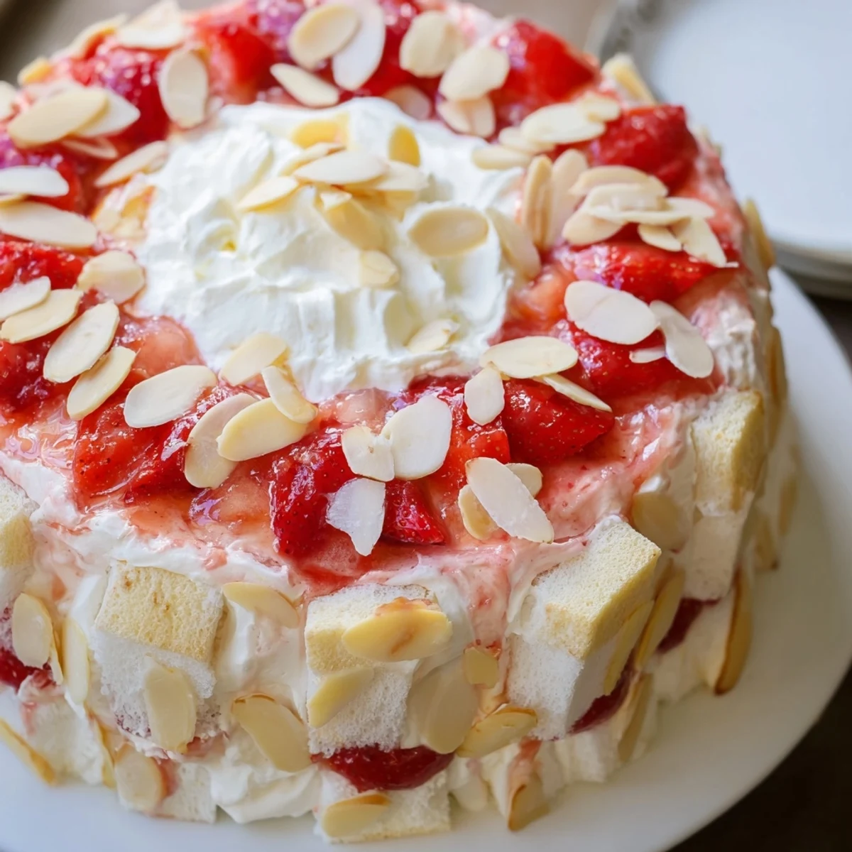 In a glass trifle dish, layers of light angel food cake, creamy vanilla pudding, and sweet strawberry filling create a heavenly no-bake dessert.