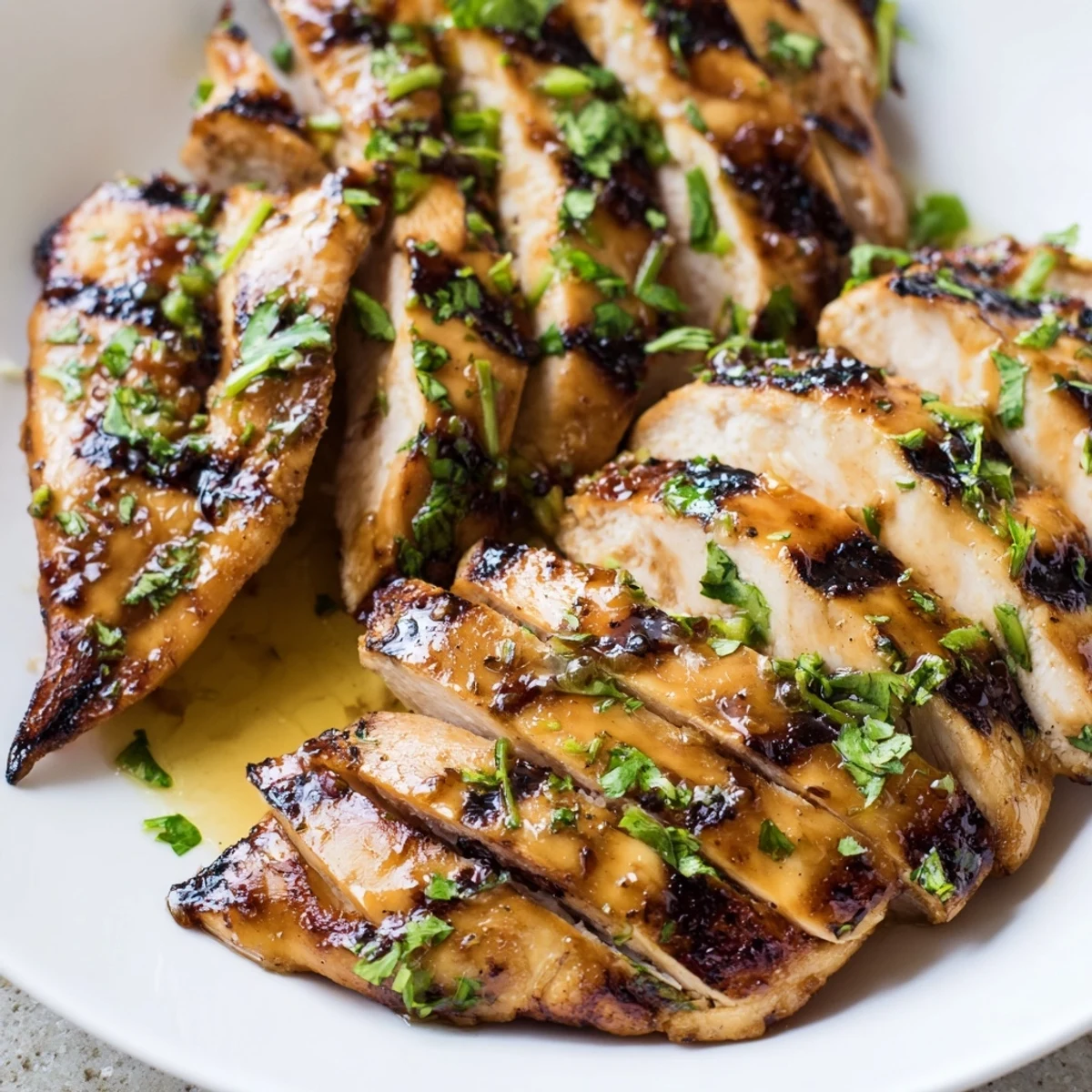 Four perfectly grilled chicken breasts glistening with a spicy honey lime glaze, garnished with fresh cilantro and lime wedges on a rustic board.