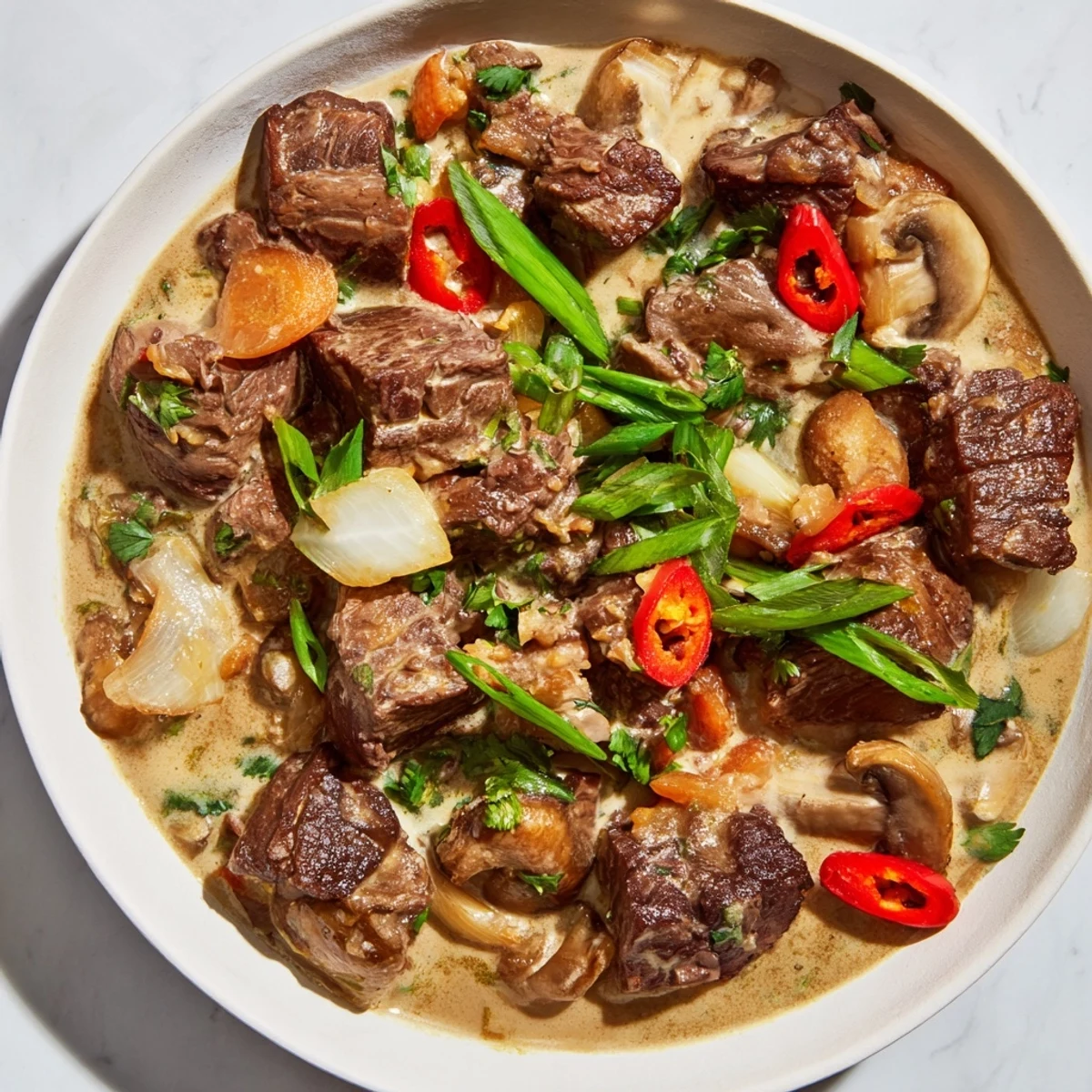 A close-up of Lemongrass Coconut Braised Beef with Mushrooms, showcasing tender chunks and aromatic sauce in a rustic pot.  