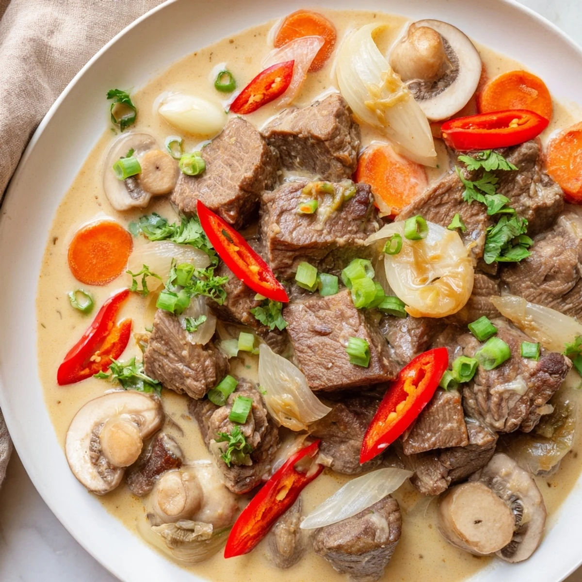 Overhead view of Lemongrass Coconut Braised Beef with Mushrooms served in a bowl, garnished with cilantro and lime wedges.  