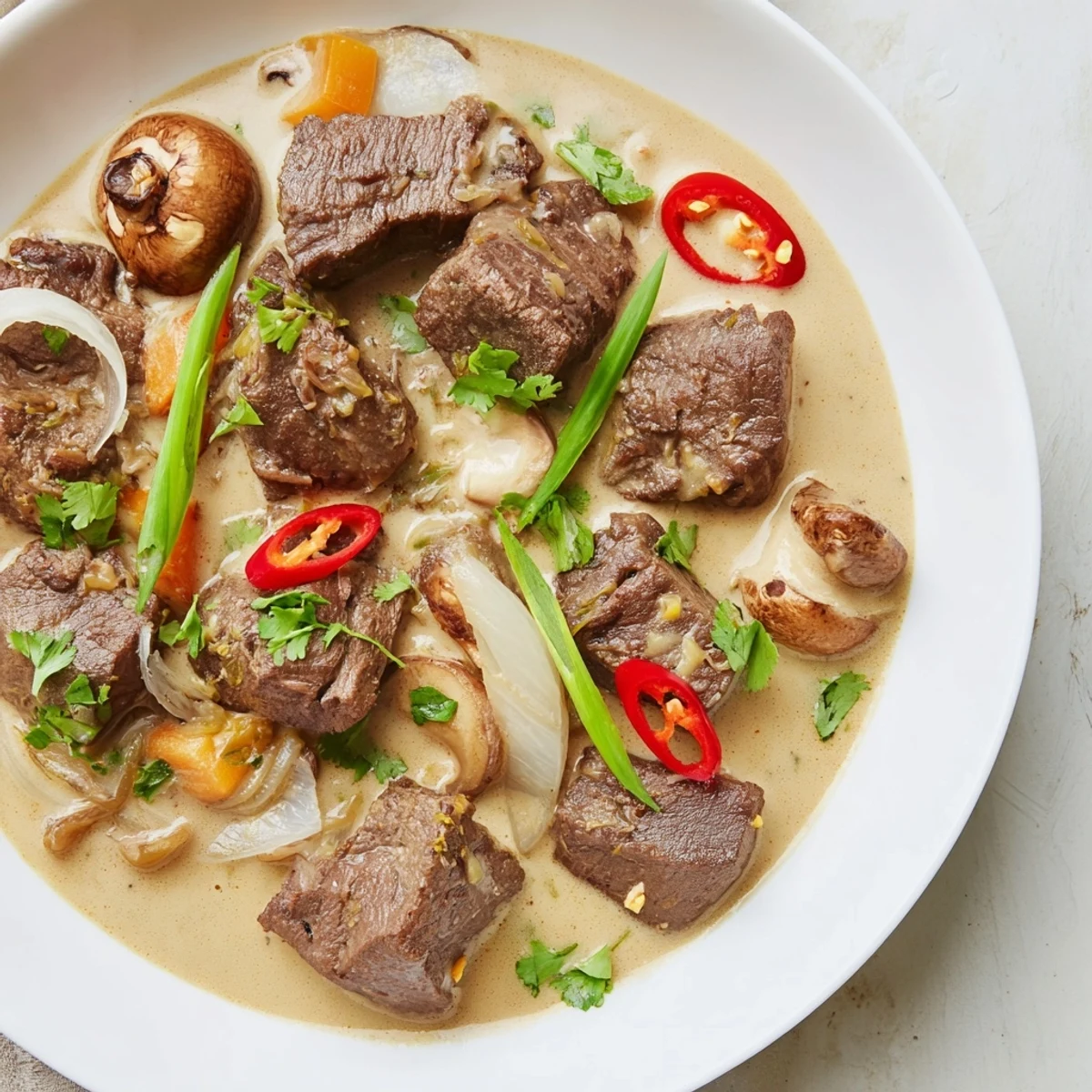 Steaming bowl of Lemongrass Coconut Braised Beef with Mushrooms, featuring earthy mushrooms and rich coconut broth.