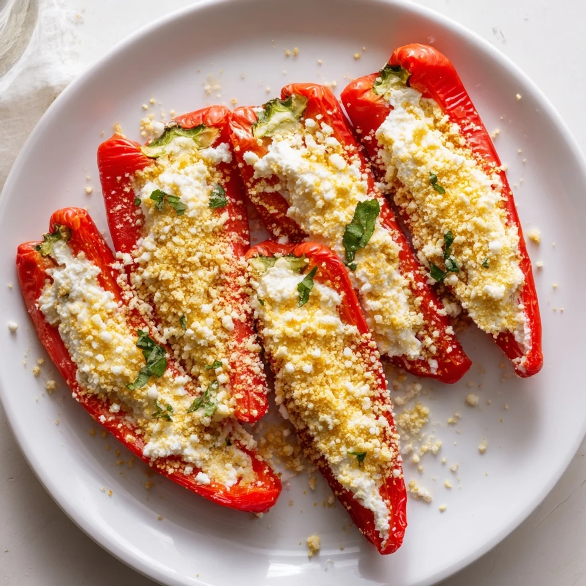 Vibrant red and yellow bell peppers filled with creamy ricotta mixture, served warm with a side salad for dinner.