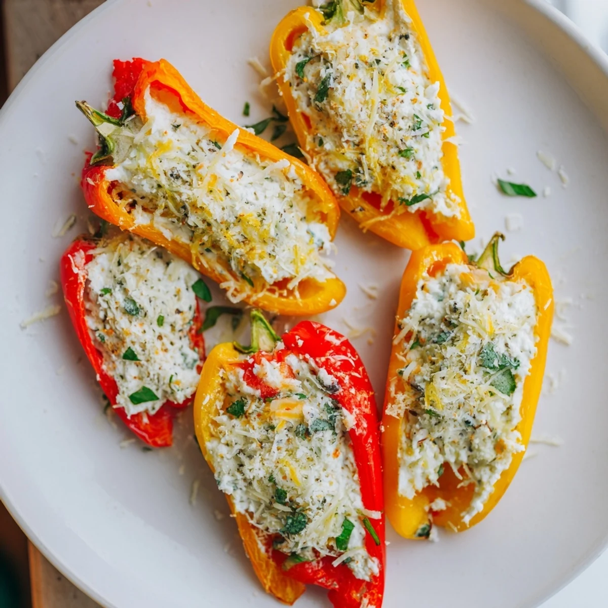 Tender bell pepper halves stuffed with herbed ricotta, golden Parmesan topping, and fresh basil garnish for Italian cuisine.