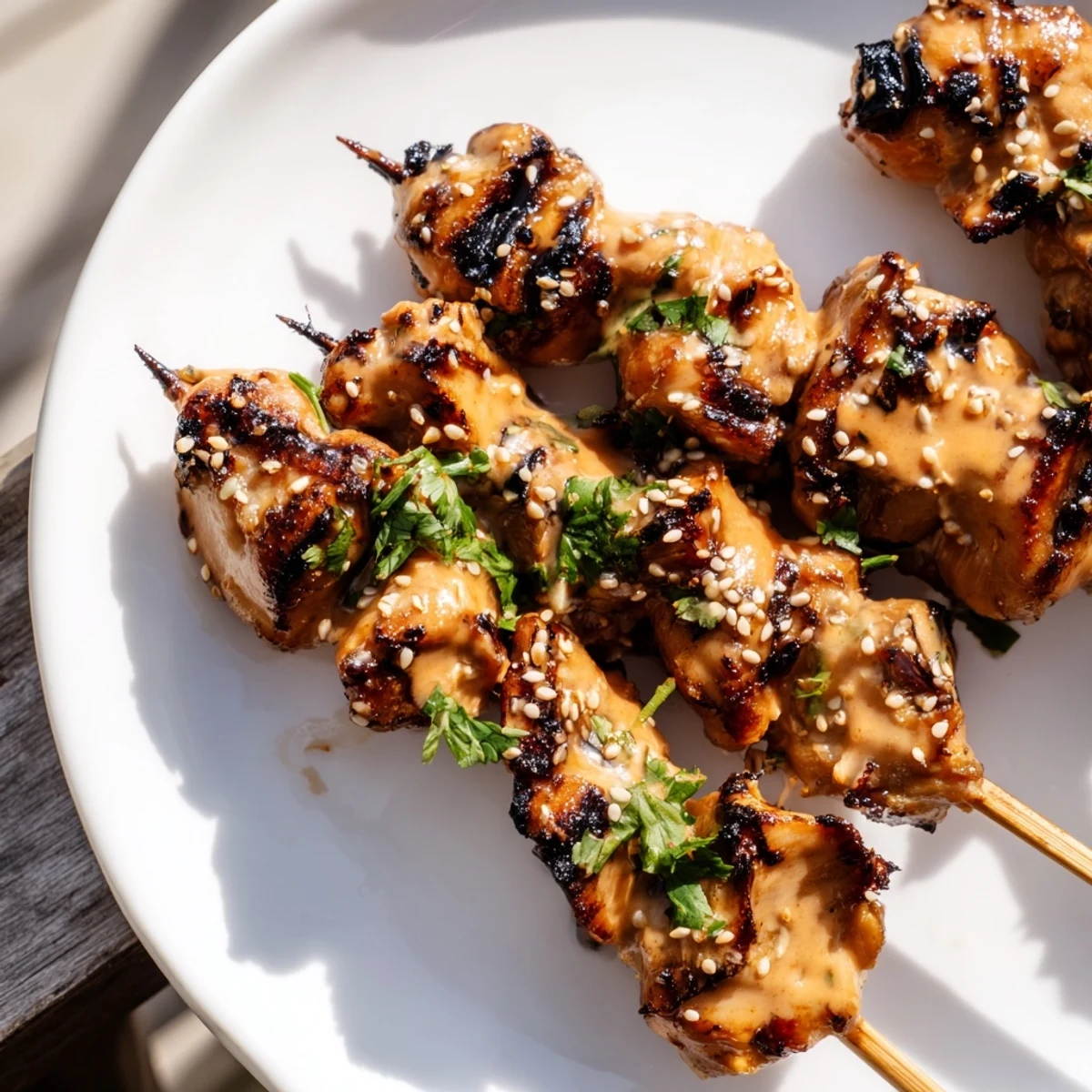 Juicy Bang Bang Chicken Skewers glazed in creamy spicy sauce, garnished with sesame seeds and cilantro on a platter.