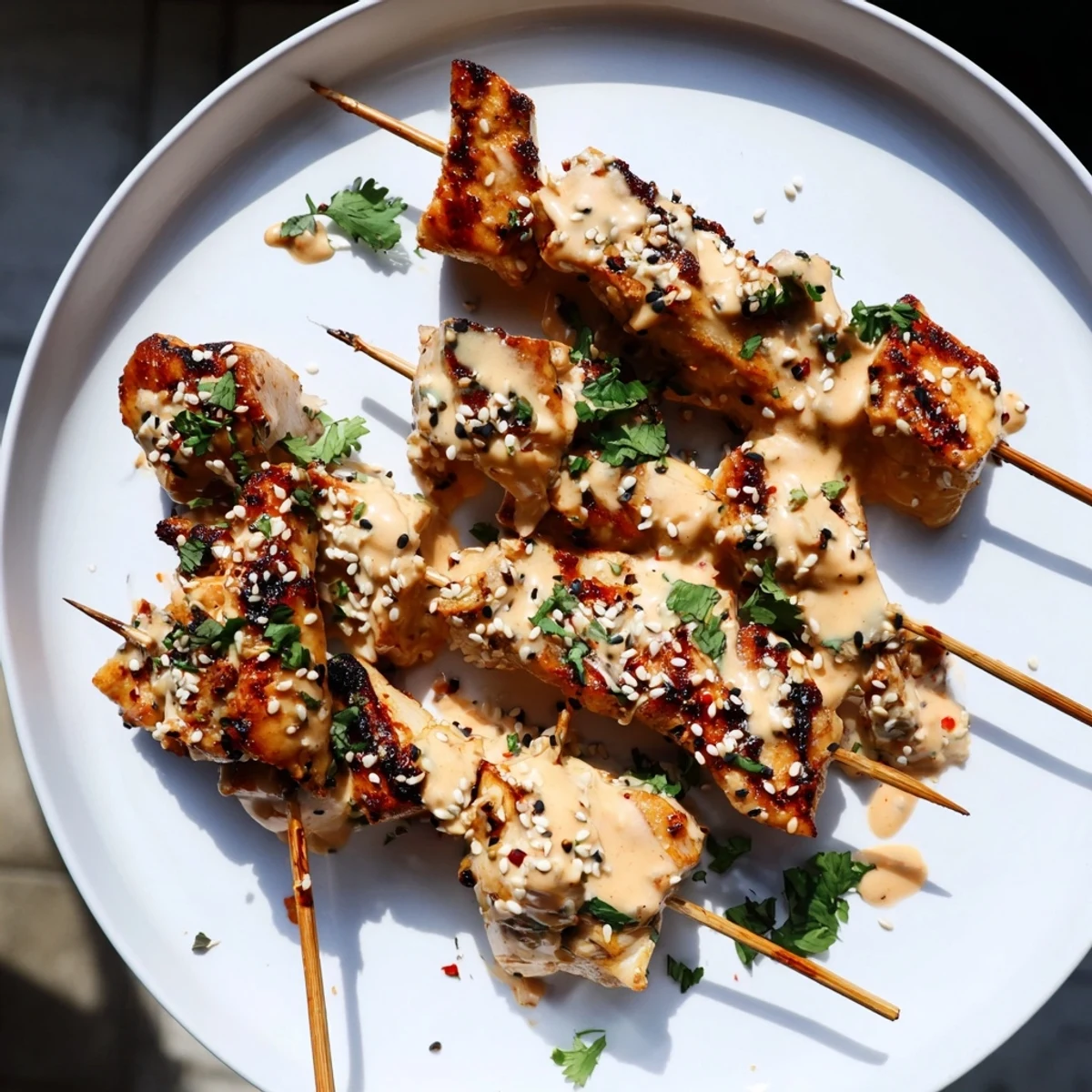 Tender grilled Bang Bang Chicken Skewers with smoky char, drizzled with creamy Bang Bang sauce and fresh lime wedges.