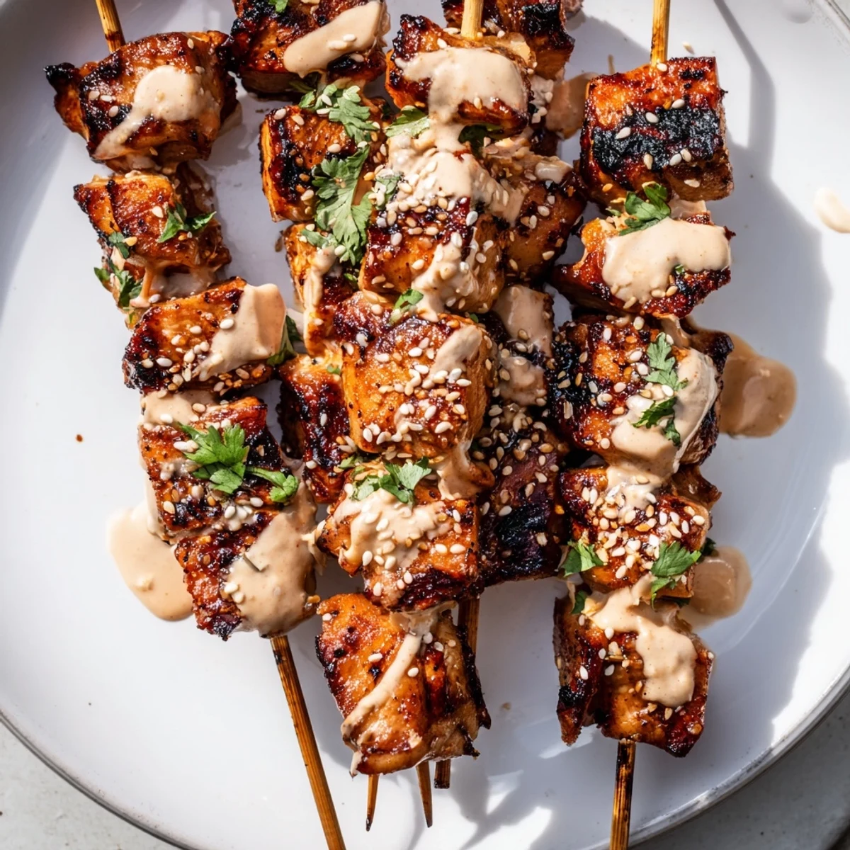 Golden Bang Bang Chicken Skewers served over fluffy rice, with vibrant green scallions and a drizzle of tangy sauce.