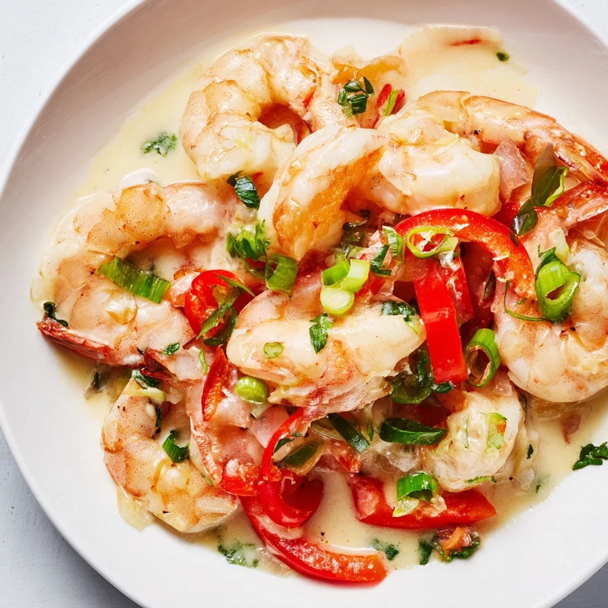 Steam rises from a skillet of Garlic Shrimp in Coconut Milk, with sautéed onions and red bell peppers mingling in the rich coconut sauce next to a serving of fluffy rice.