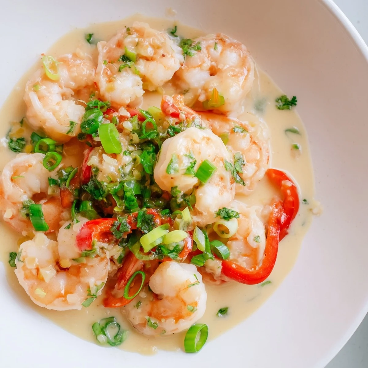 A close-up of Garlic Shrimp in Coconut Milk, featuring plump pink shrimp in a creamy, pale orange sauce topped with fresh cilantro and sliced green onions, served in a white bowl.