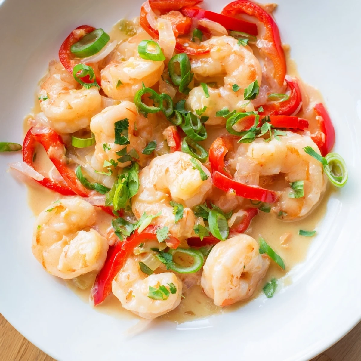 A vibrant dinner plate with Garlic Shrimp in Coconut Milk, garnished with herbs and lime wedges, offering a tropical, savory meal paired with brown rice and colorful vegetable medley.