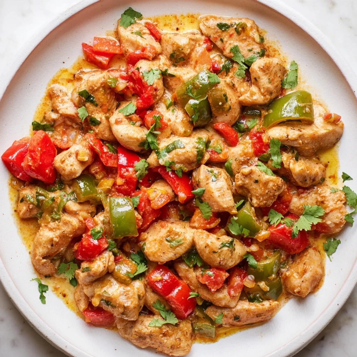 Tender chicken pieces simmering in a golden, creamy coconut sauce infused with cumin and paprika for a Brazilian Coconut Chicken dinner.