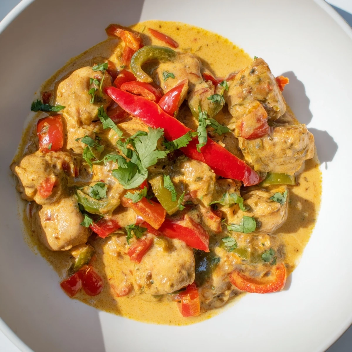 A vibrant skillet of Brazilian Coconut Chicken garnished with fresh cilantro and lime wedges, ready to be served over fluffy white rice.