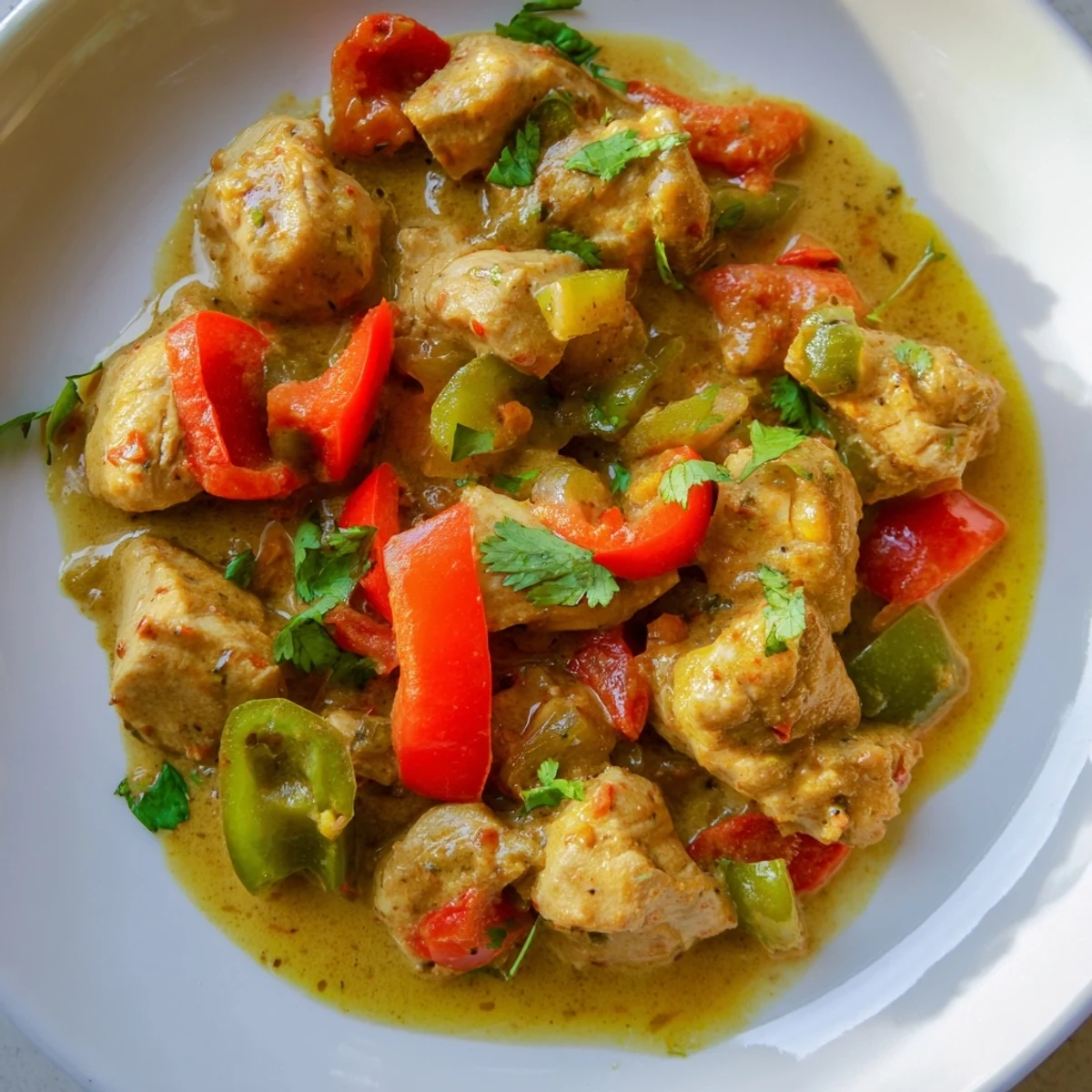 Close-up view of succulent Brazilian Coconut Chicken in a rich, aromatic sauce with colorful red and green bell peppers and onion.