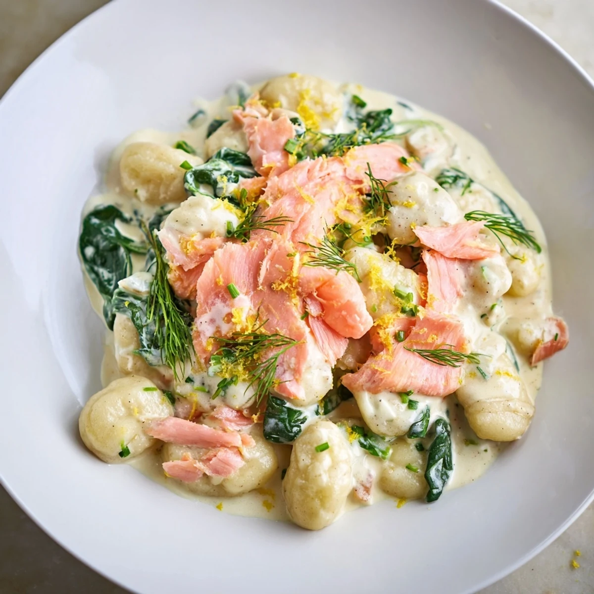 Pillowy gnocchi coated in a light lemon-dill sauce with silky smoked salmon and fresh spinach.