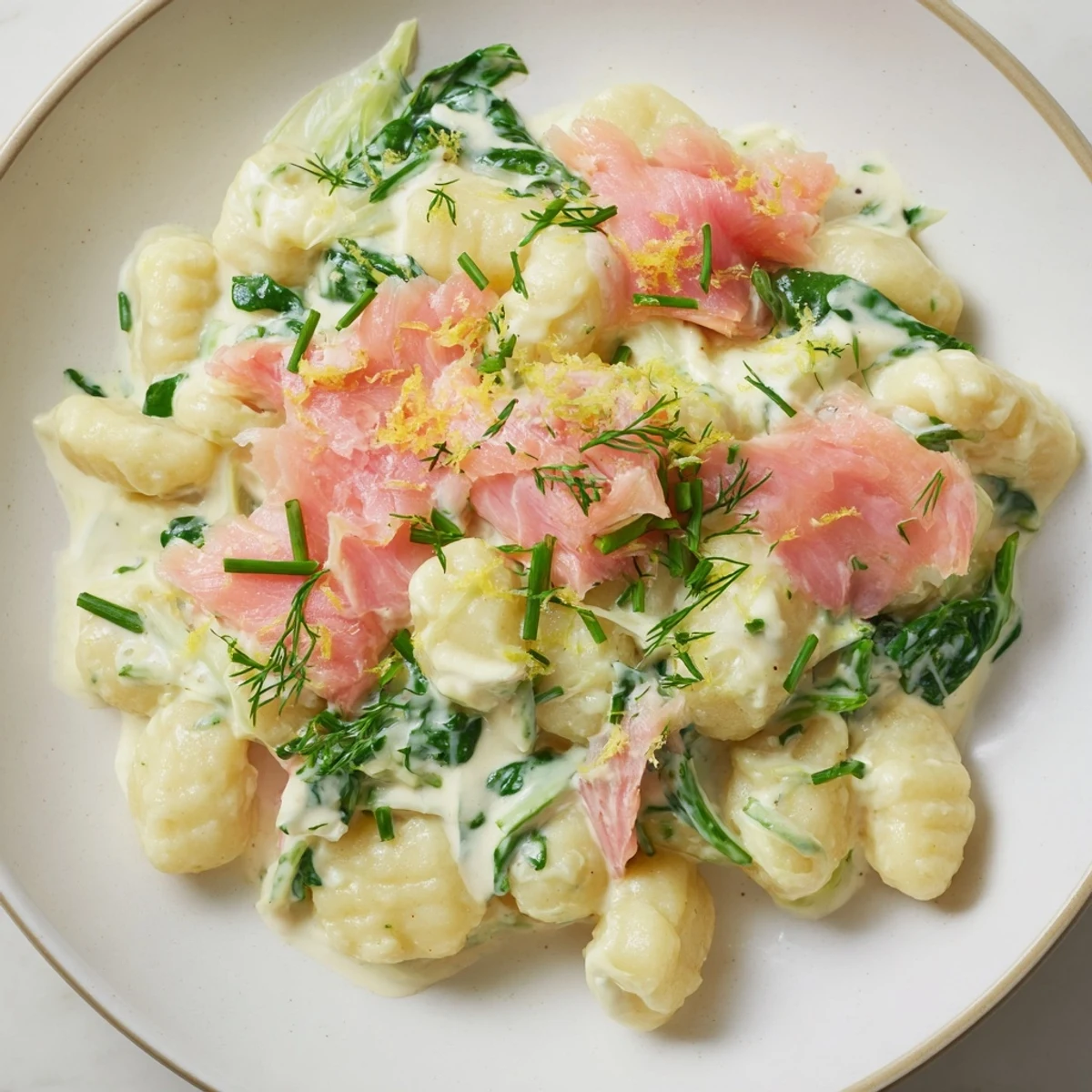 A creamy-yet-healthy skillet dinner with tender gnocchi, smoked salmon, and wilted spinach and herbs.