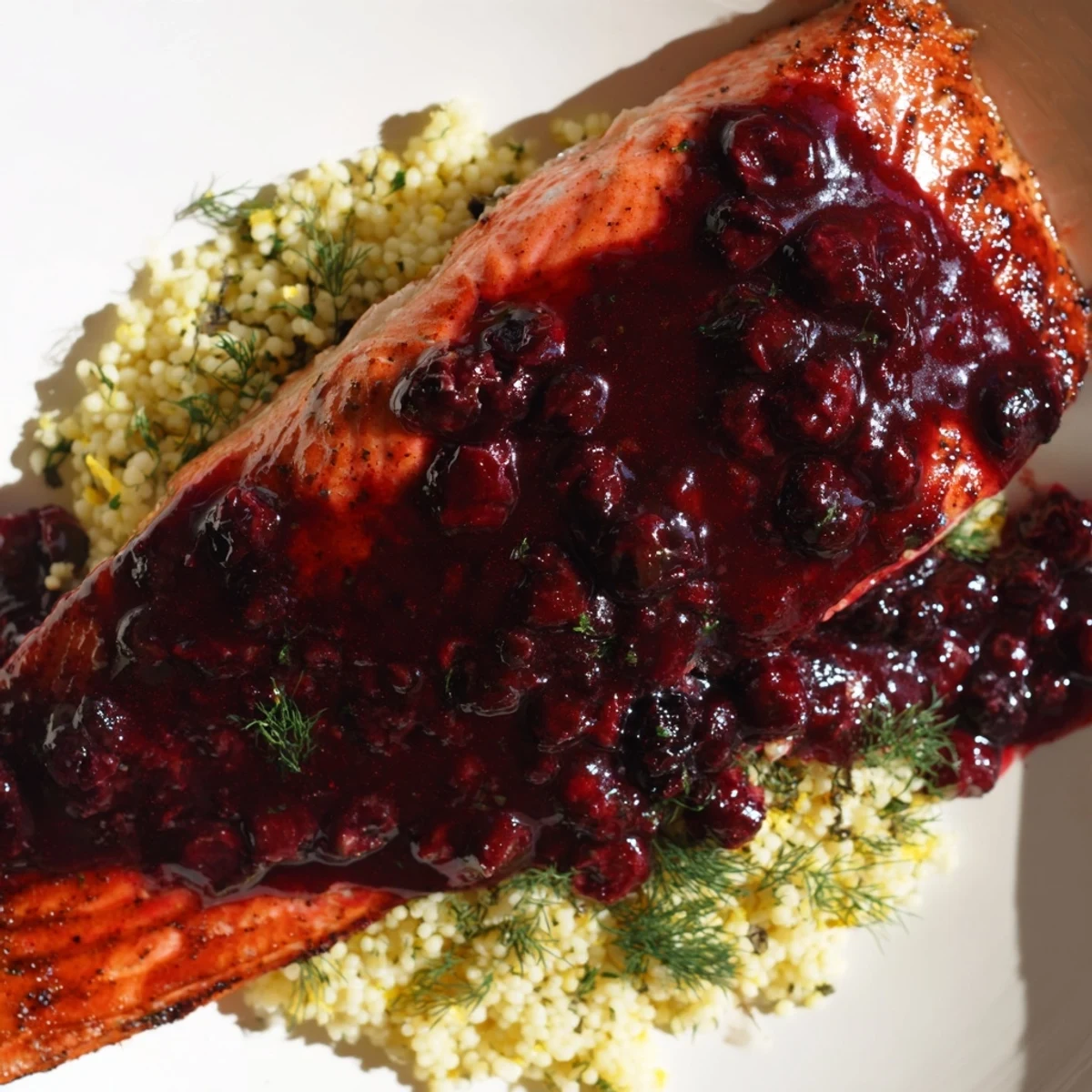 Flaky, glazed salmon fillet resting on fluffy lemon herb couscous with fresh herbs and lemon wedges.