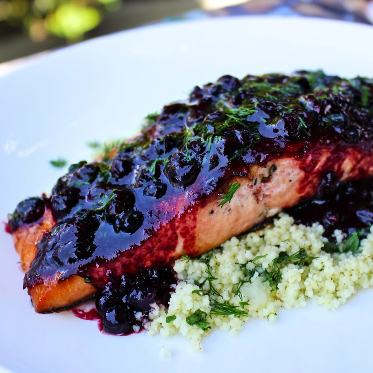 Blueberry Glazed Salmon with Lemon Herb Couscous highlights vibrant color and a glossy, tangy sauce.