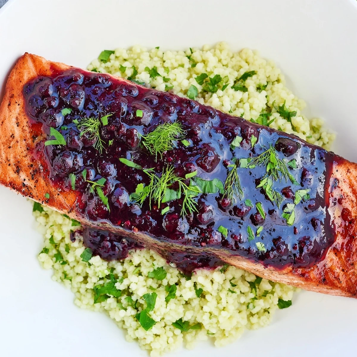 A plated serving shows succulent salmon, blueberry glaze, and herb-speckled couscous ready for dinner.