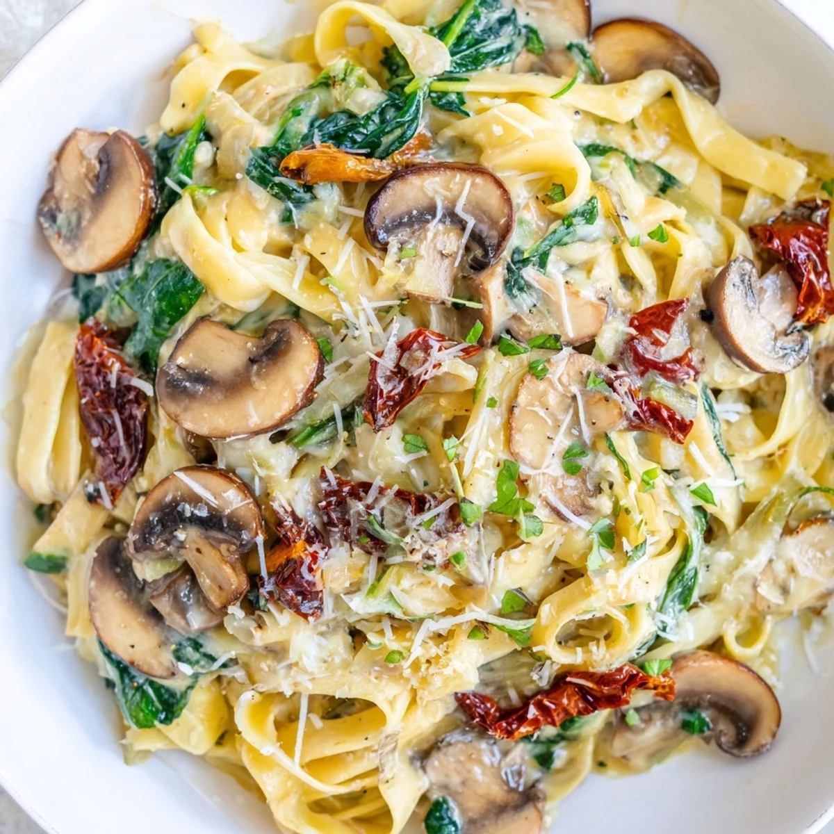Golden penne pasta coated in a creamy Parmesan sauce with sautéed mushrooms and wilted spinach in a hot skillet.