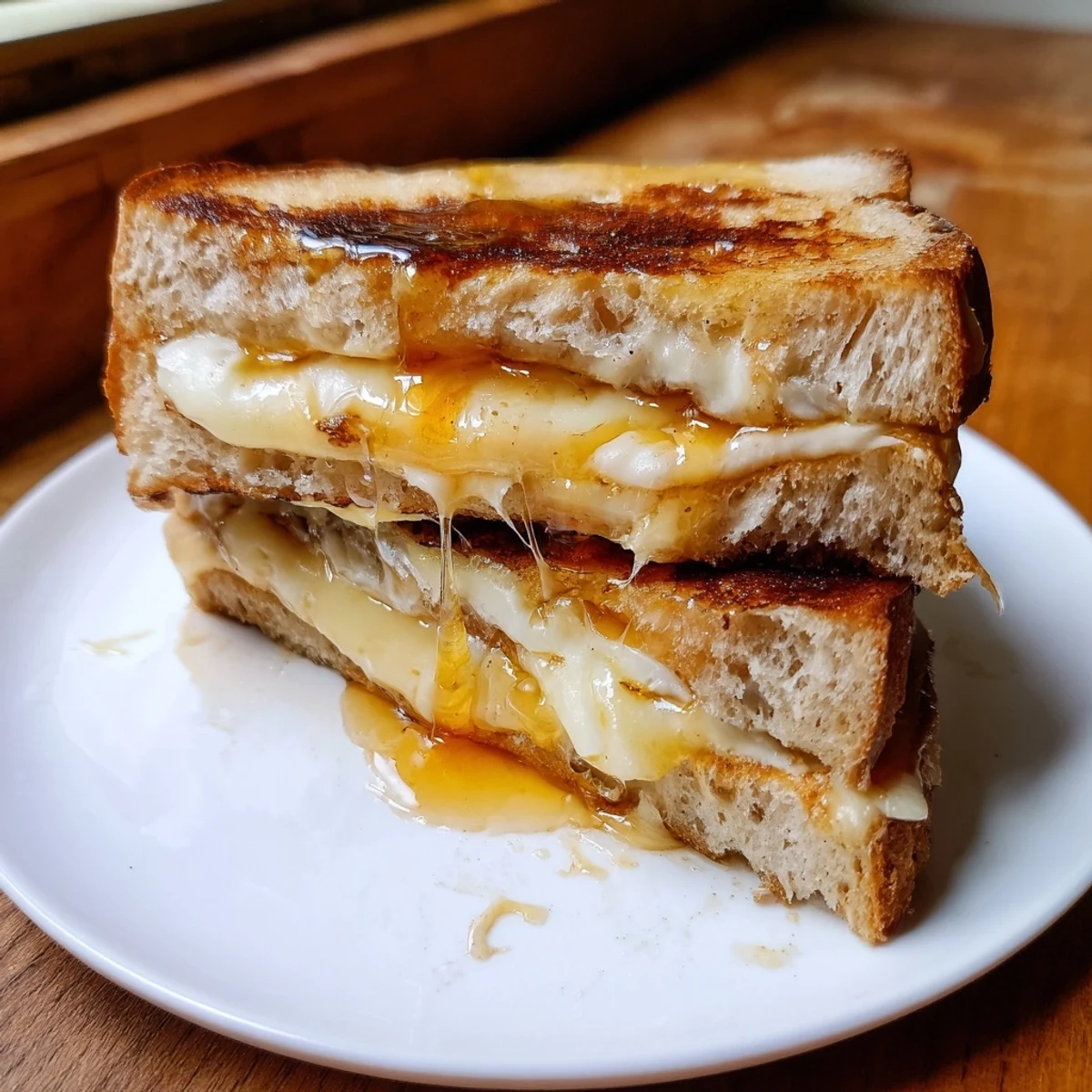 Golden-brown sourdough grilled cheese stacked with cheddar, mozzarella, and Gruyère, drizzled with honey.