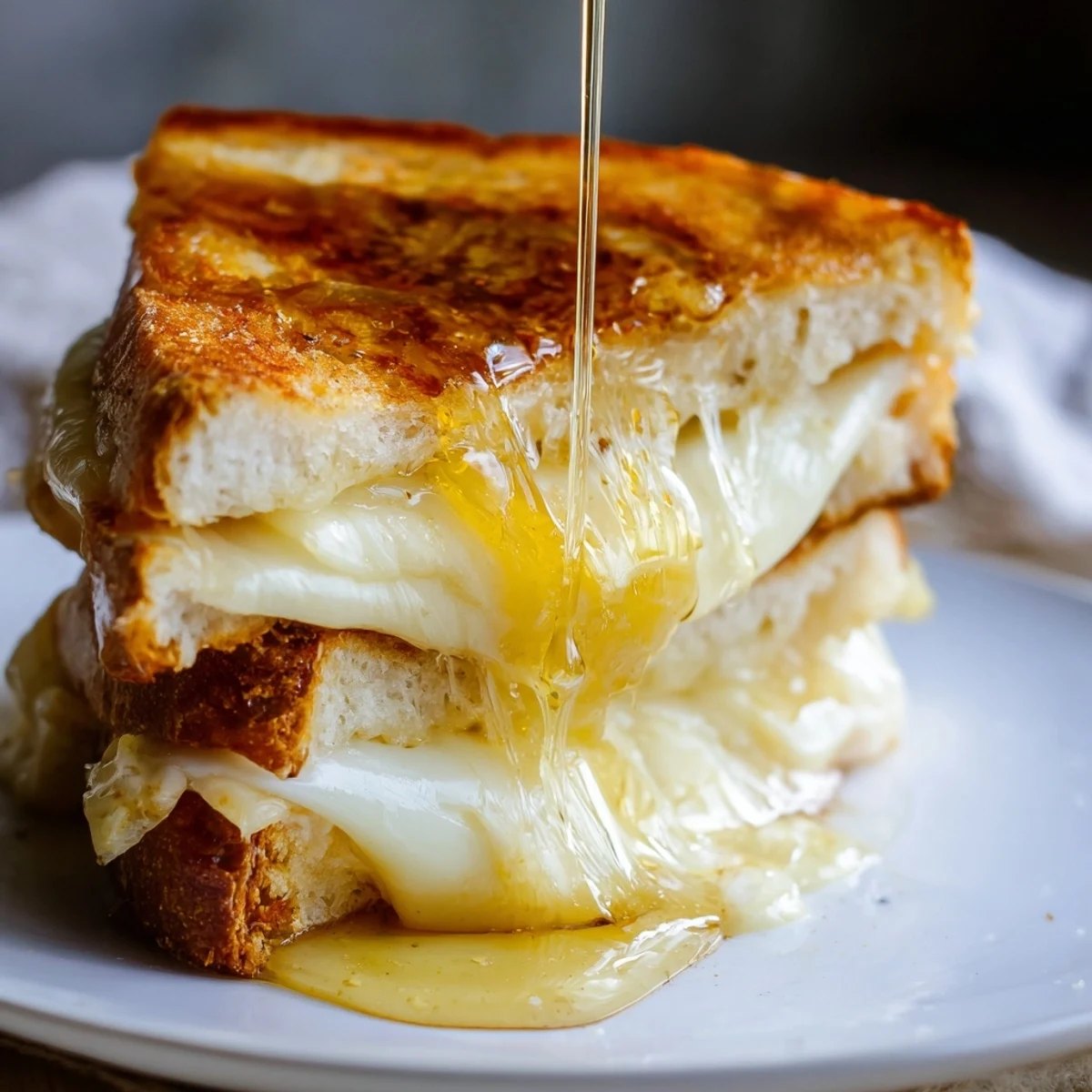 Perfectly grilled cheese sandwich on sourdough with three cheeses and a luscious honey topping.