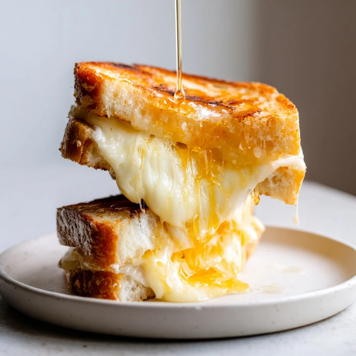 Gooey melted cheese oozing from buttery sourdough bread, finished with a sweet honey drizzle.