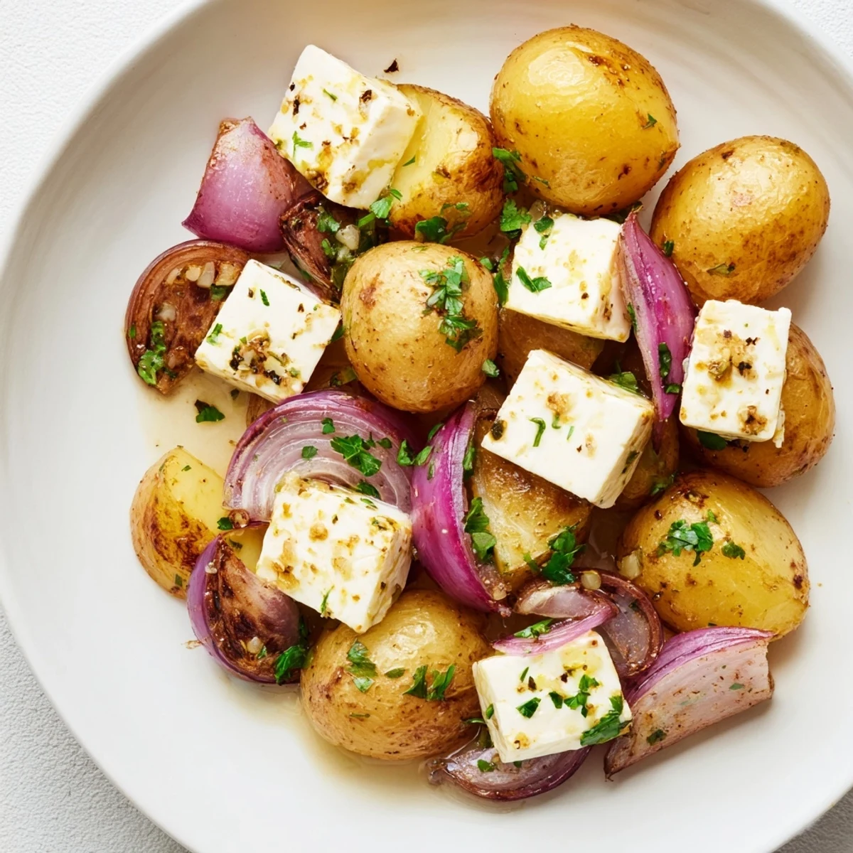 Hearty Baked Feta Potatoes with Lemon served warm from the oven, mingling with fragrant oregano and caramelized red onion wedges.