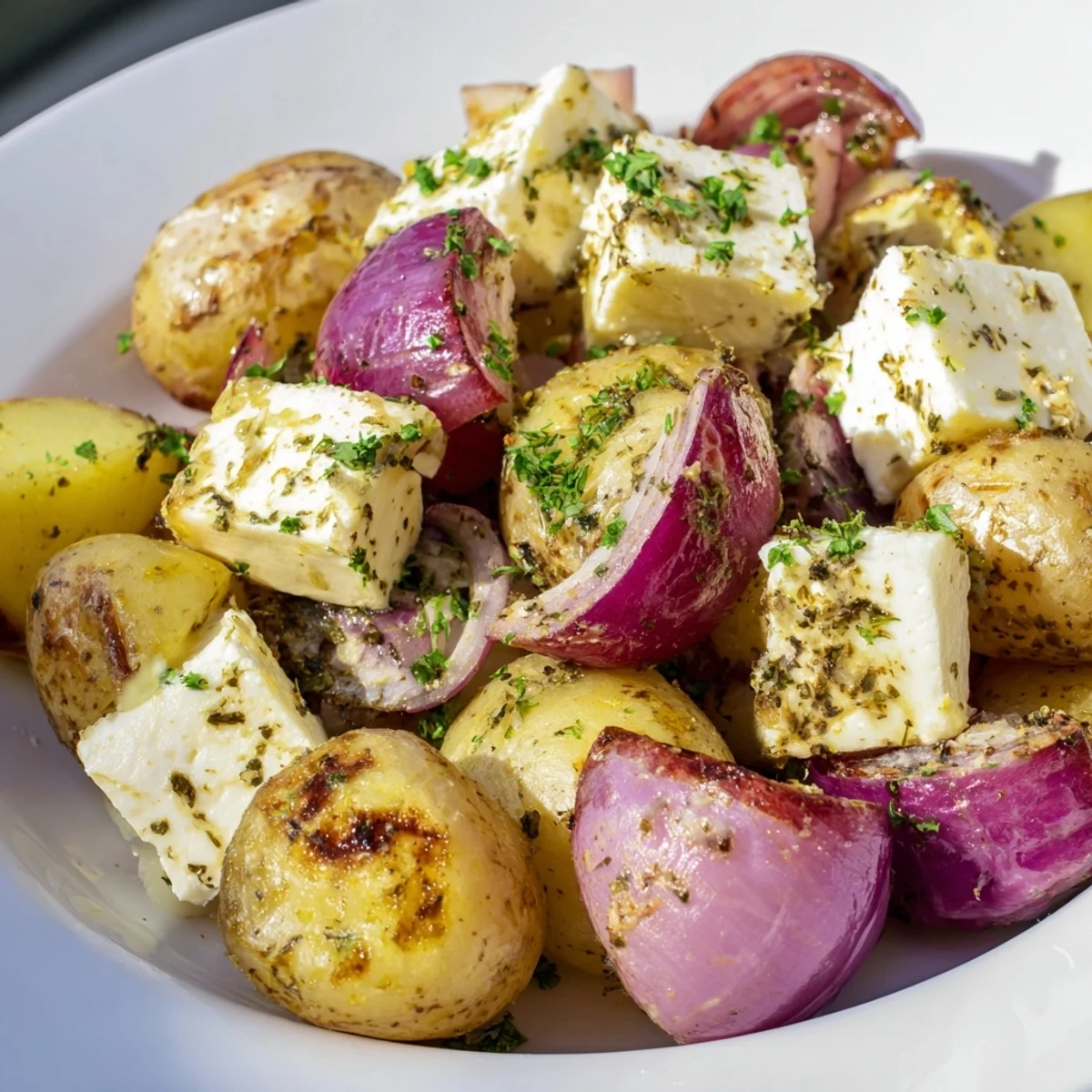 Golden roasted baby potatoes topped with melted feta cheese, fresh parsley, and a bright squeeze of lemon juice.